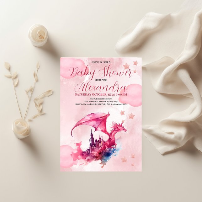 Whimsical Watercolor Pink Dragon Baby Shower  Invitation (Creator Uploaded)