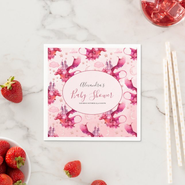 Whimsical Watercolor Pink Dragon Baby Shower  Napkin (Insitu)