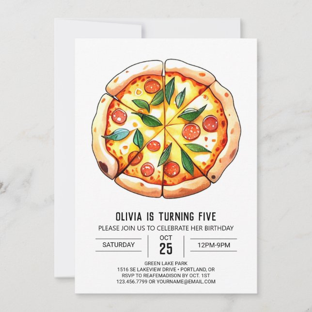Whimsical Watercolor Pizza Birthday Invitation (Front)