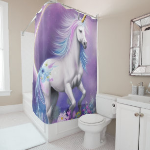 Whimsical Watercolor Purple Fantasy Unicorn Custom Shower Curtain