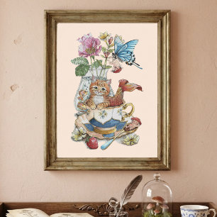 Whimsical Watercolor Purrmaid Teacup Floral Poster