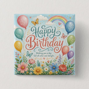 Whimsical Watercolor Rainbow Balloons Floral 15 Cm Square Badge