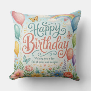 Whimsical Watercolor Rainbow Balloons Floral Cushion