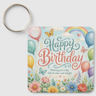 Whimsical Watercolor Rainbow Balloons Floral Key Ring
