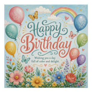 Whimsical Watercolor Rainbow Balloons Floral Poster