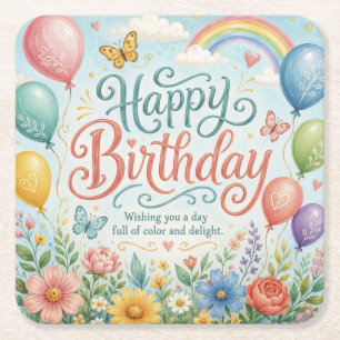 Whimsical Watercolor Rainbow Balloons Floral Square Paper Coaster