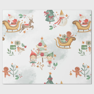 Whimsical Watercolor Santa Elves Pattern Wrapping Paper