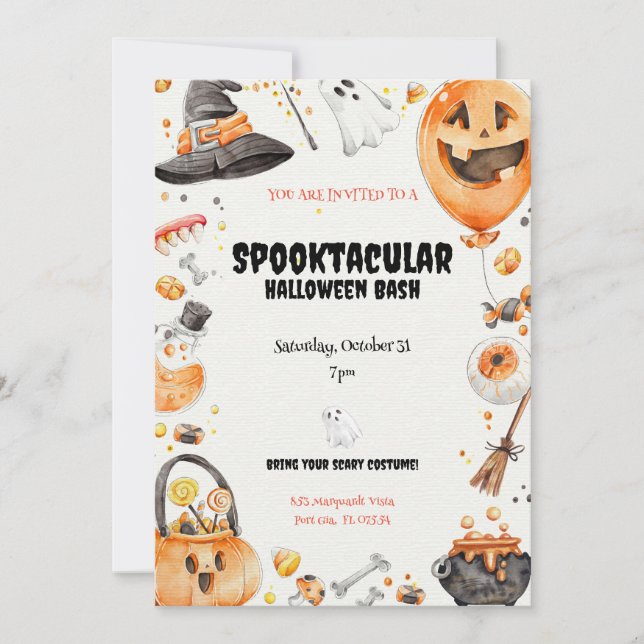 Whimsical Watercolor 'Spooktacular' Halloween Invitation (Front)