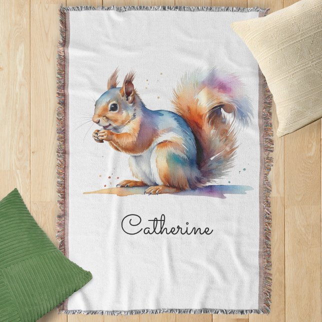 Whimsical Watercolor Squirrel Personalised Throw Blanket (A throw blanket with squirrel design in a watercolor style, personalized with a name)