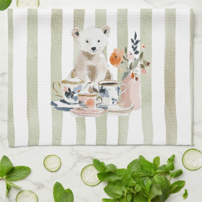  Whimsical Watercolor Tea Time Bear Kitchen Towels (Folded)
