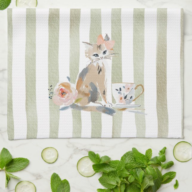  Whimsical Watercolor Tea Time Cat Kitchen Towels (Folded)