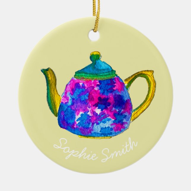 Whimsical watercolor teapot ceramic tree decoration (Front)