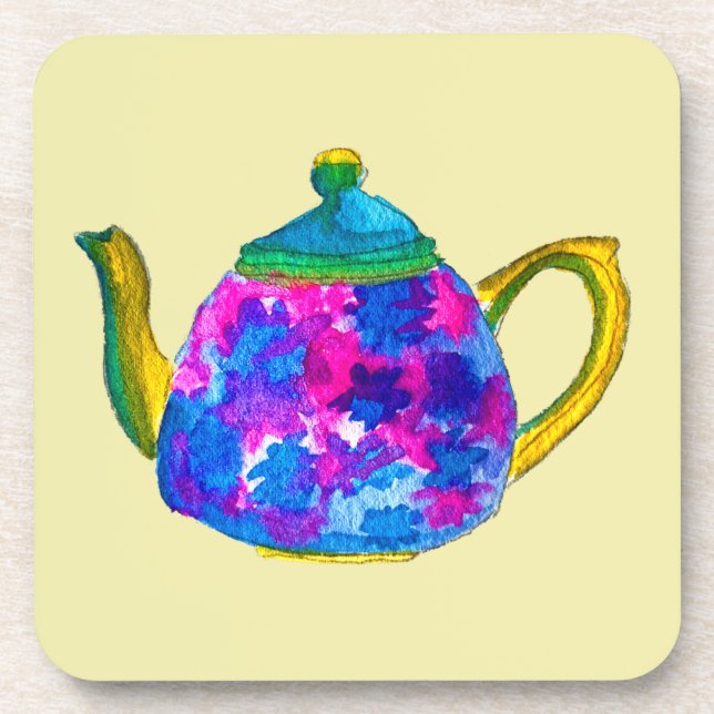 Whimsical watercolor teapot coaster (Front)