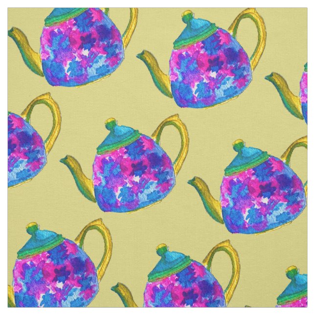 Whimsical watercolor teapot fabric (Swatch)