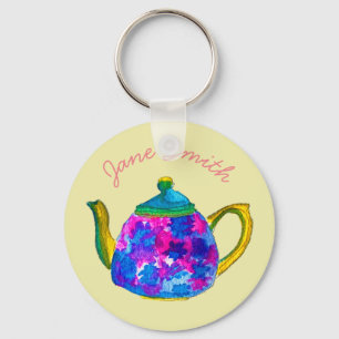 Whimsical watercolor teapot key ring