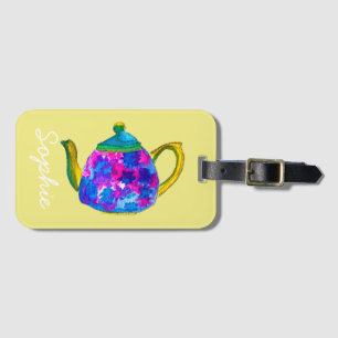 Whimsical watercolor teapot luggage tag