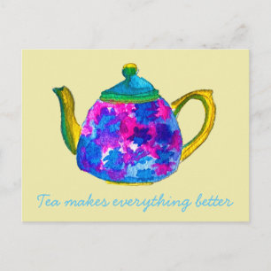 Whimsical watercolor teapot postcard