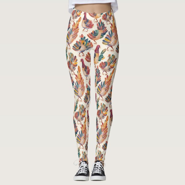 Whimsical Watercolor Turkey – Autumn Thanksgiving Leggings (Front)