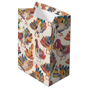 Whimsical Watercolor Turkey – Autumn Thanksgiving Medium Gift Bag