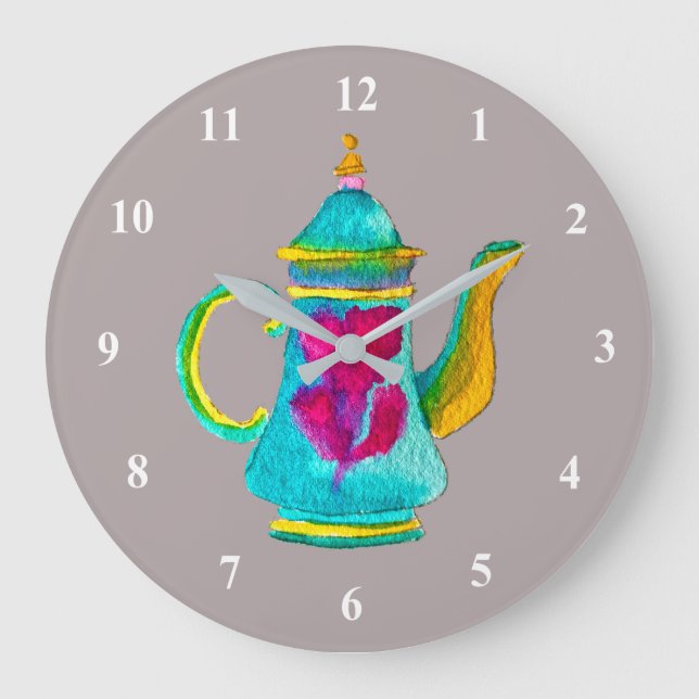 Whimsical watercolor Turkish teapot Large Clock (Front)