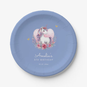 Whimsical Watercolor Unicorn Gold Butterflies Paper Plate