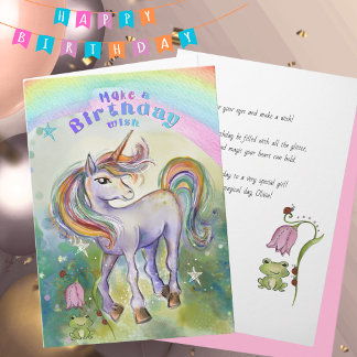 Whimsical Watercolor Unicorn Moon Girls Birthday Holiday Card