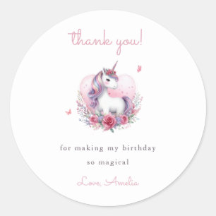 Whimsical Watercolor Unicorn Pink Thank You Classic Round Sticker
