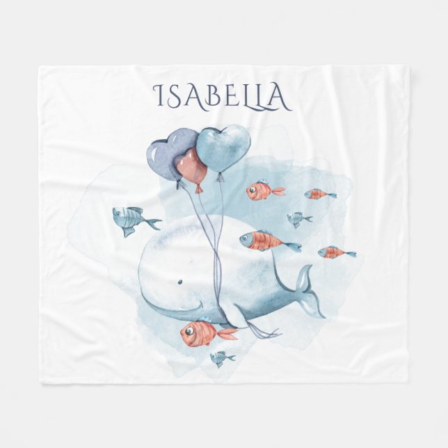 Whimsical Watercolor Whale and Fishes Personalised Fleece Blanket (Front (Horizontal))