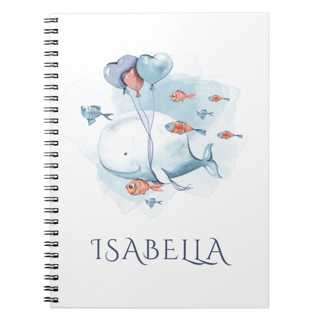 Whimsical Watercolor Whale and Fishes Personalised Notebook (Front)