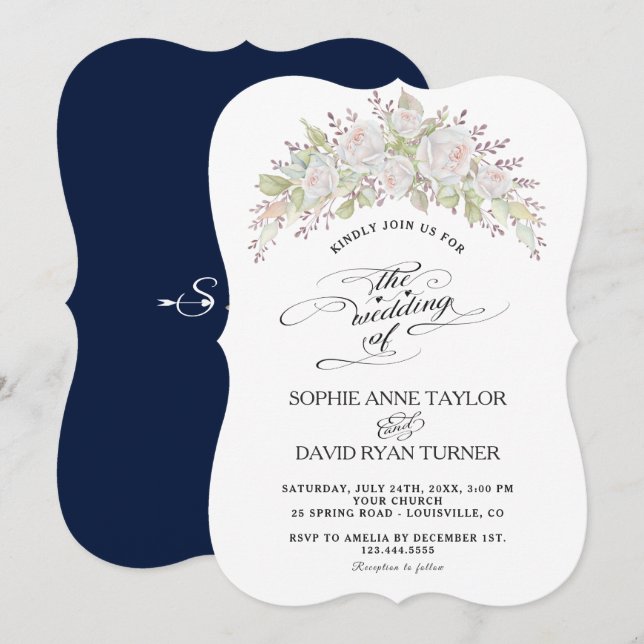 Whimsical Watercolor White Pink Roses Wedding Invitation (Front/Back)