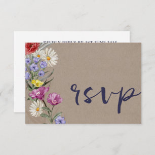 Whimsical Watercolor Wild Flower Kraft Wedding RSVP Card