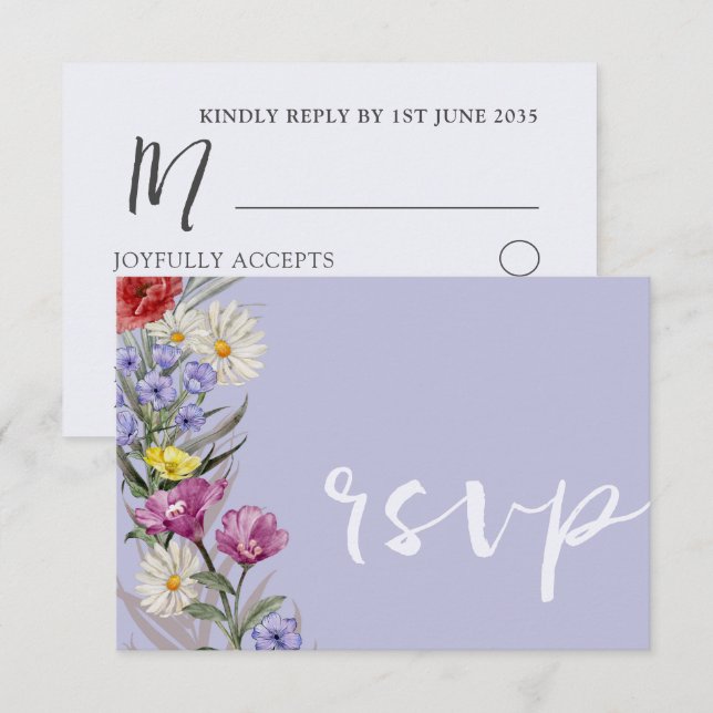 Whimsical Watercolor Wild Flower & Purple Wedding  RSVP Card (Front/Back)