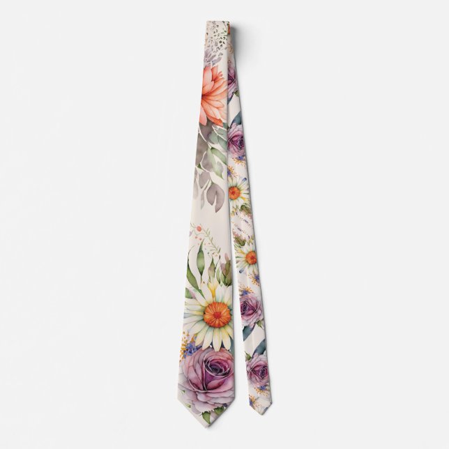 Whimsical Watercolor Wildflower Floral Nonbinary Tie (Front)