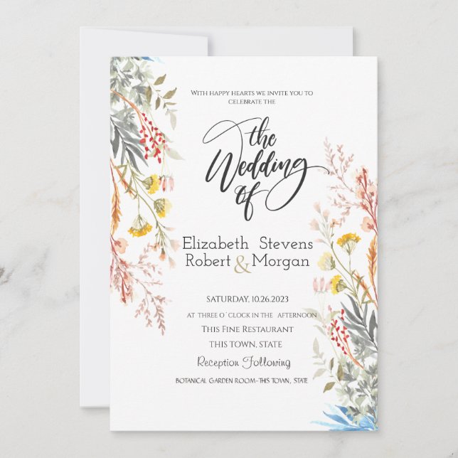 Whimsical Watercolor Wildflower Wedding Invitation (Front)