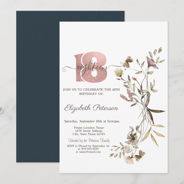 Whimsical Watercolor Wildflowers 18th Birthday   Invitation (Front/Back)