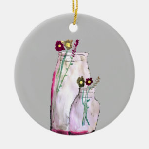 Whimsical watercolor wildflowers in vase ceramic tree decoration