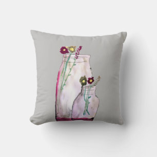 Whimsical watercolor wildflowers in vase cushion
