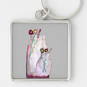 Whimsical watercolor wildflowers in vase key ring