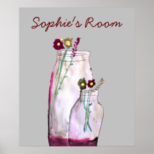 Whimsical watercolor wildflowers in vase poster