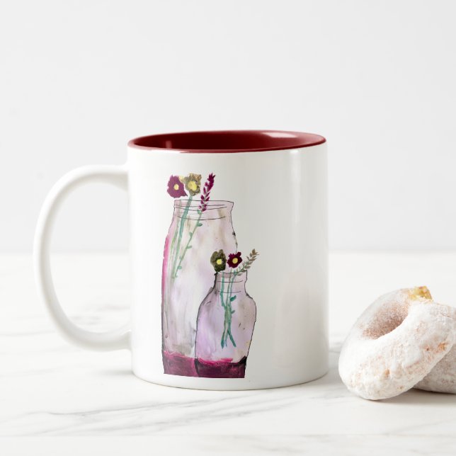 Whimsical watercolor wildflowers in vase Two-Tone coffee mug (With Donut)