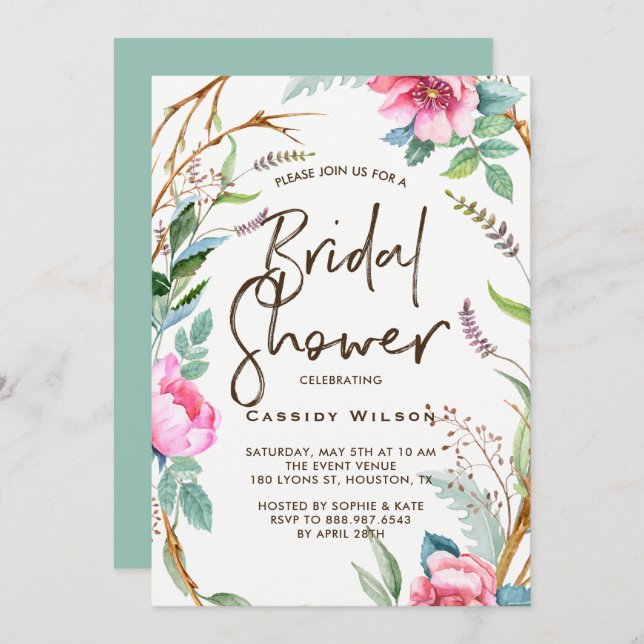 Whimsical Watercolor Wreath Bridal Shower Invitation (Front/Back)