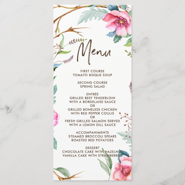 Whimsical Watercolor Wreath Wedding Menu Card (Front)