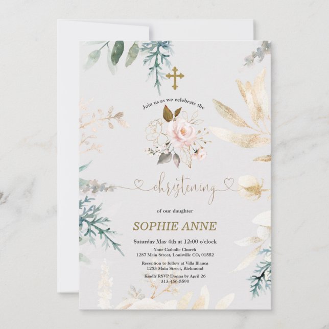 Whimsical Watercolour Pink Floral Gold Christening Invitation (Front)