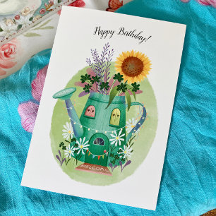 Whimsical Watering Can and Sunflower Birthday Card
