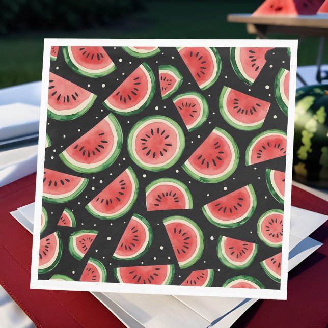 Whimsical Watermelon Watercolor on Starry Black Napkin (Whimsical watercolor watermelon on black, midsummer's eve, outdoor night BBQ birthday or summerween)
