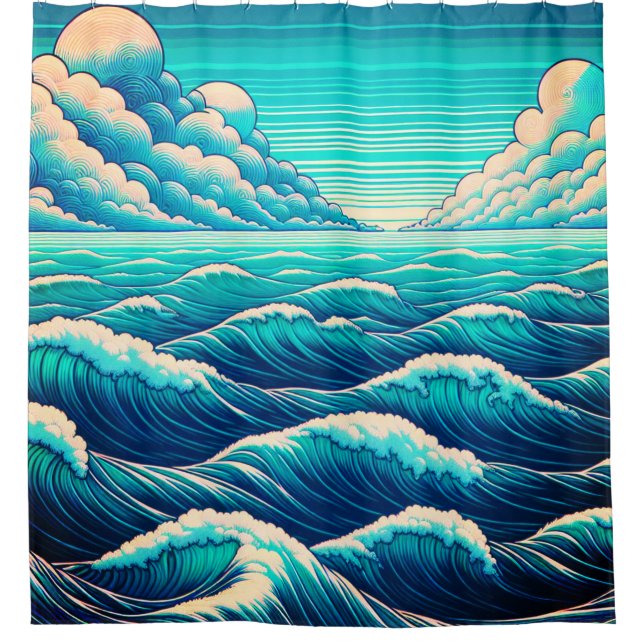 “Whimsical Waves: Ocean Harmony” Shower Curtain (Front)