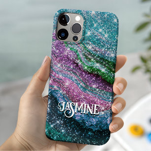 Whimsical wavy blue purple Glitter monogram iPhone 11 Case