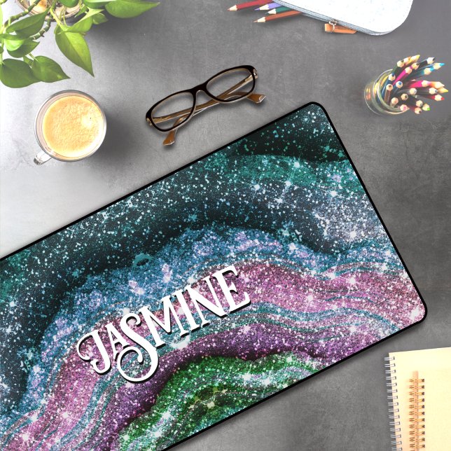 Whimsical wavy blue purple Glitter monogram Desk Mat (Creator Uploaded)