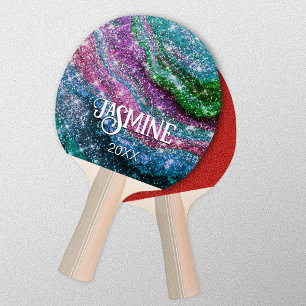 Whimsical wavy blue purple Glitter monogram Ping Pong Paddle