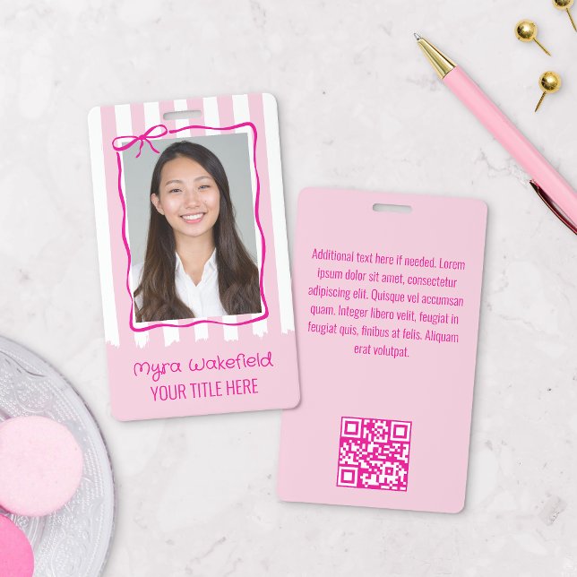 Whimsical Wavy Bow Frame Pink Stripes Photo ID Badge (Creator Uploaded)